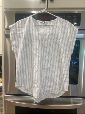 DKNY White Top with Navy Vertical Stripes V-Neck